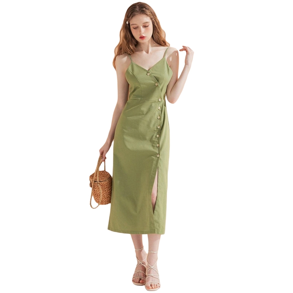 NEW!! Vintage Style Thin Strap Button Up Fitted Slit Dress • Small • Dark Green